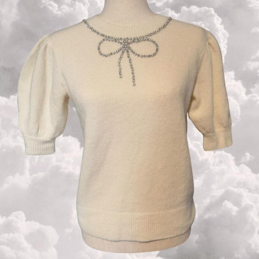 Kate Spade White Puff Short Sleeve Knit Mohair Wool Top With Rhinestone Bows